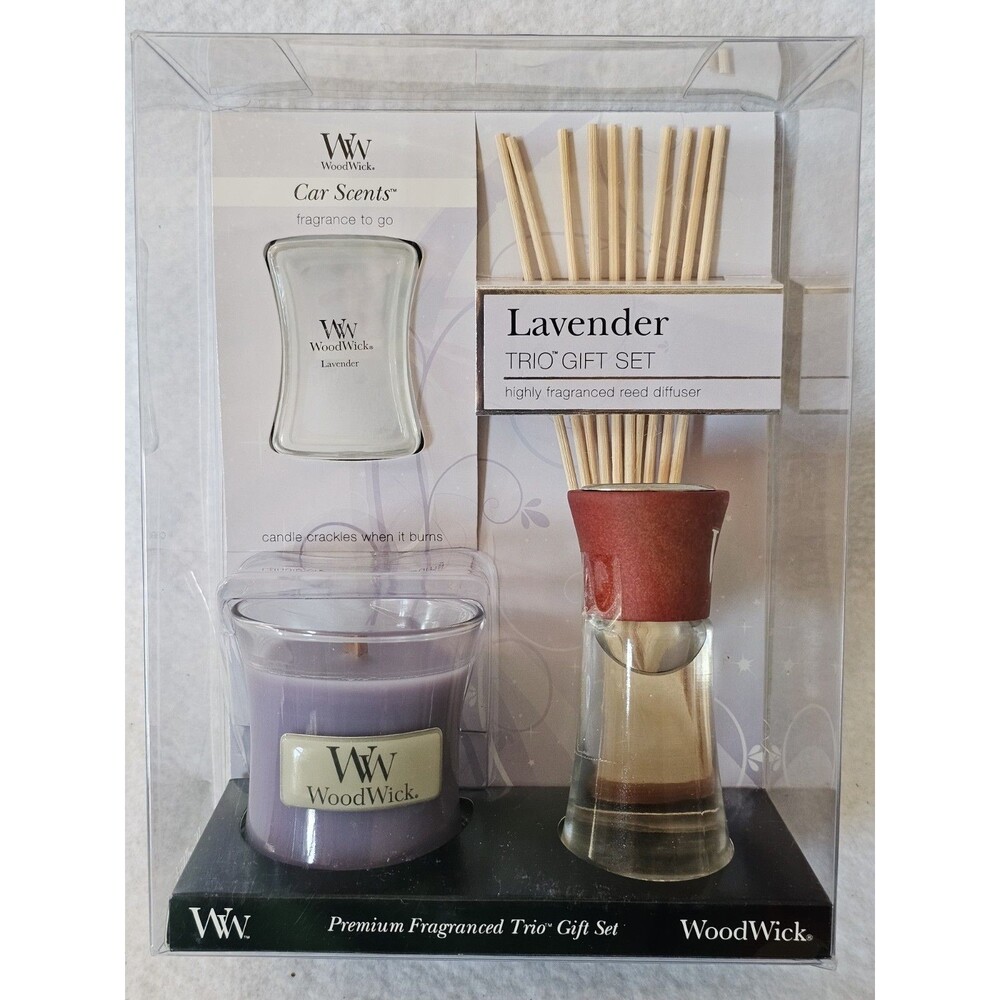 WoodWick Lavender Trio Gift Set Candle Reed Diffuser Car Scent New - Picture 3 of 4